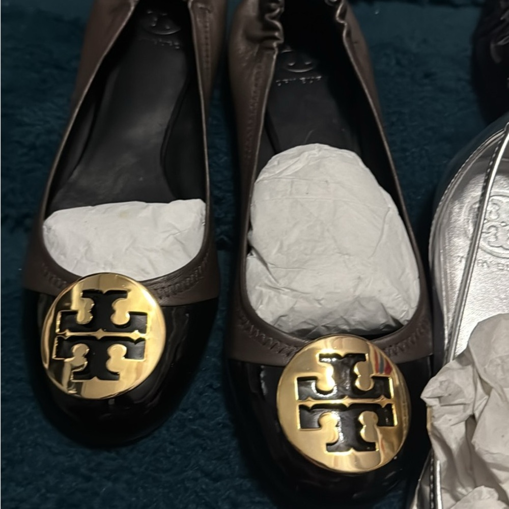 Tory Burch Brown and Gold Flats with Signature Medallion